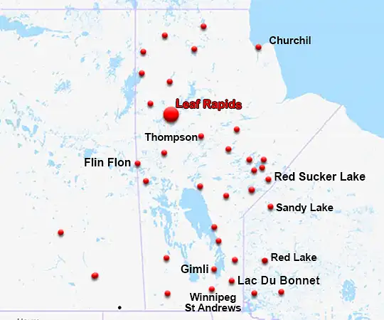 Map showing the location of Leaf Rapids in Manitoba